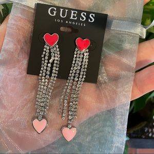 Guess Crystal beaded rhinestone heart earrings pierced dangling red pink $28 NEW